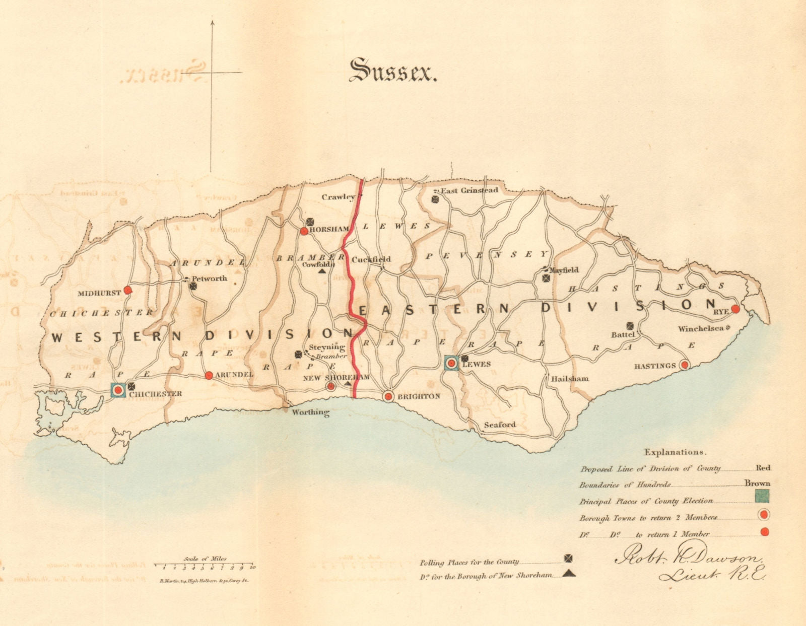 Sussex county map. Divisions boroughs electoral. REFORM ACT. DAWSON 1832